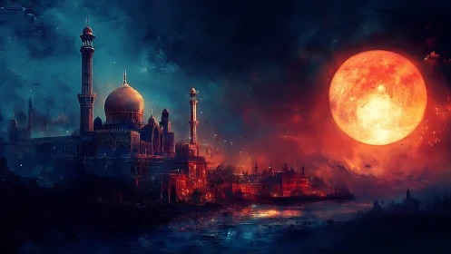 Crimson supermoon above mystical riverside citadel.