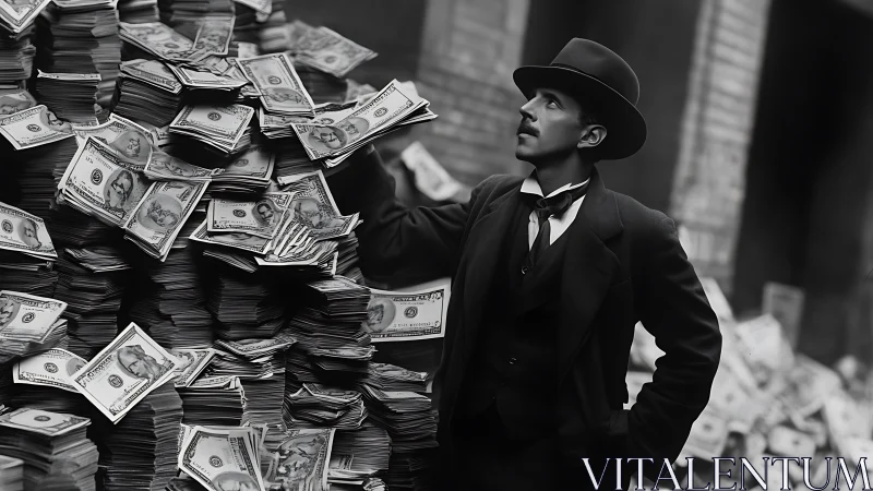Dapper magnate adrift in a monochrome sea of banknotes.