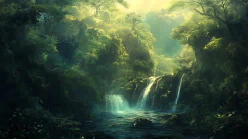 Emerald Cathedral Where Golden Sunlight Discovers Waterfalls