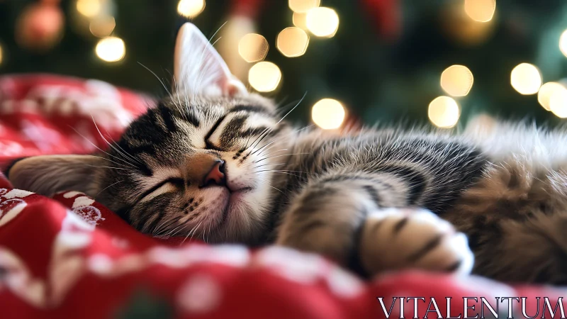 Tabby cat sleeping peacefully amid festive holiday decorations.