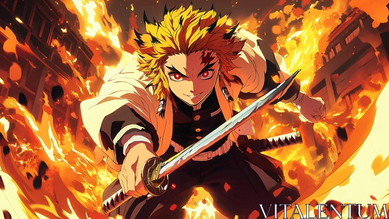 Flame fueled swordsman lunges through a storm of fire.