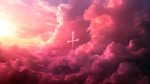 Radiant silver cross rising through luminous pink clouds
