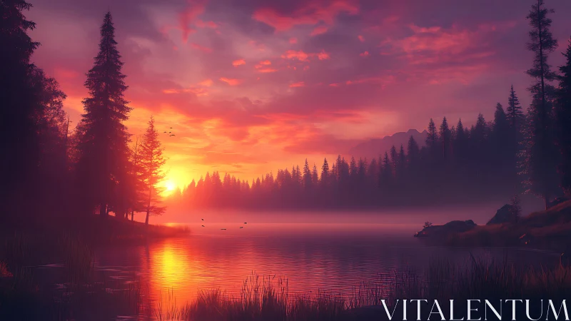 Vibrant sunset over misty forest lake with glowing sky.