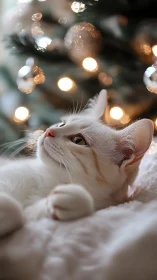Photorealistic feline portrait with festive bokeh lighting.