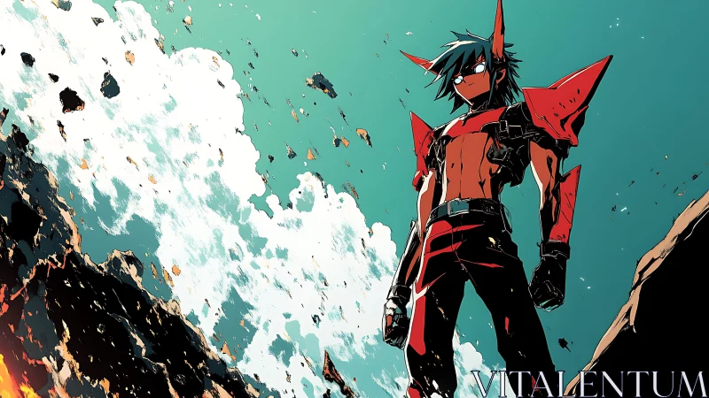 Armored anime warrior stands on rocky ledge under teal sky