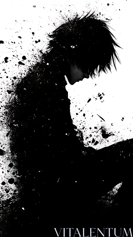 Silhouette of seated figure in black ink splatter field.