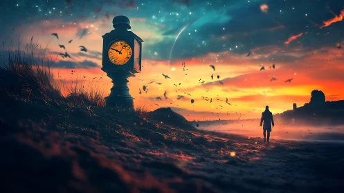 Lone figure walking past glowing clock at surreal dusk.