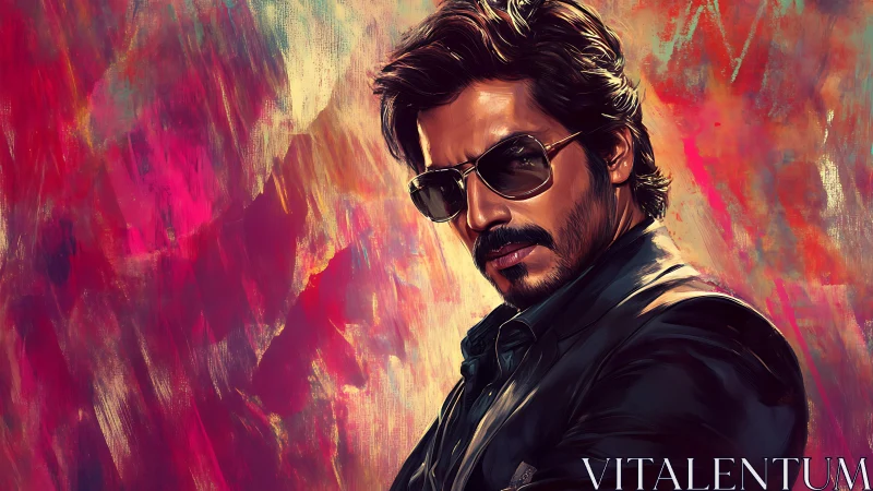 Confident man in sunglasses dominates vivid painted backdrop