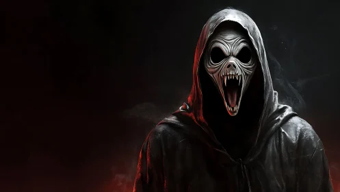 Hooded skeletal creature with fanged mouth on dark background.