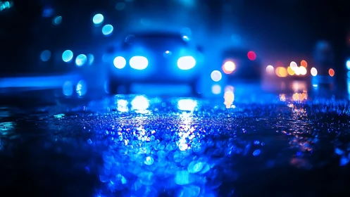 Blurred car headlights illuminate wet asphalt in blue tones