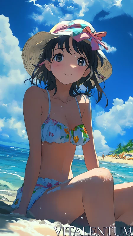 Anime beach girl in floral bikini under bright summer sky
