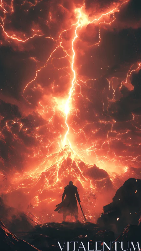 Stormcrowned warrior facing a volcanic sky of living fire.