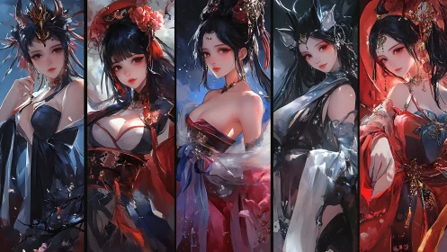 Five lunar empresses in swirling silk, flame, and starlight.