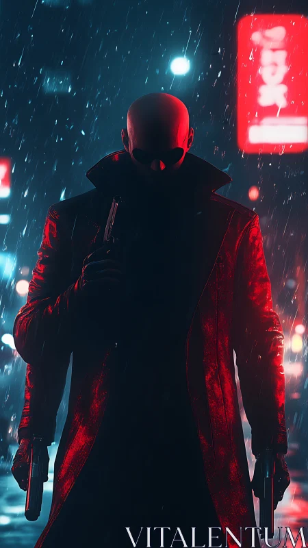 Bald figure with pistols stands in neon city rain at night