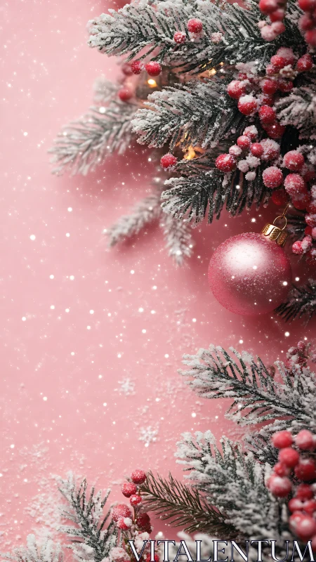 Snow-dusted conifer branches frame pink ornament on backdrop