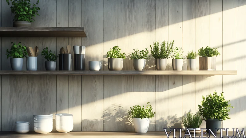 Sunlit wooden shelving displays minimalist potted herbs in rows