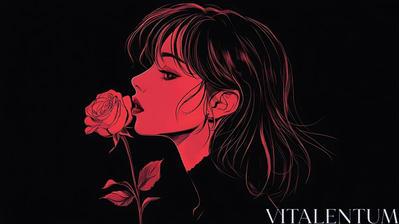 Side profile girl inhales a rose in moody crimson light