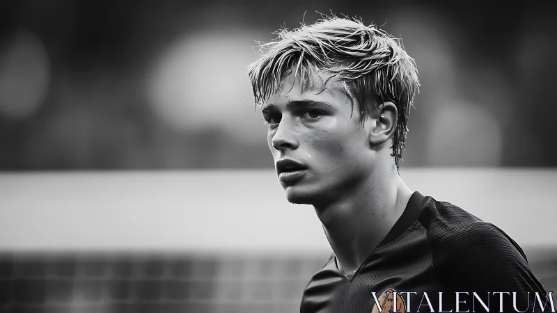 Monochrome close-up shows soccer player in wet conditions