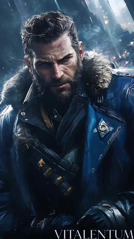 Bearded cyberpunk soldier studies frozen city horizon