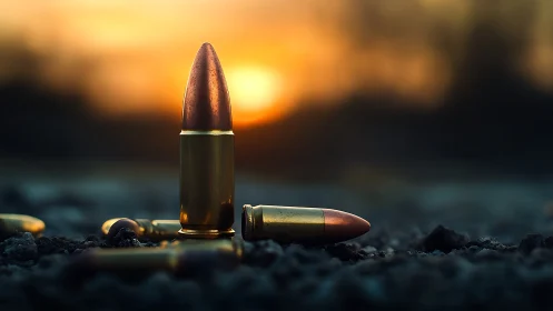 Single bullet stands sharp against blurred sunset horizon