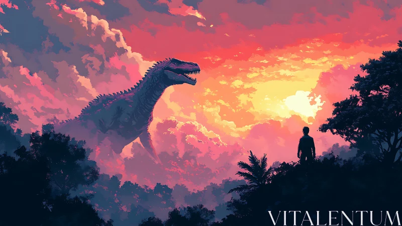 Sunset confrontation between dinosaur and lone explorer.
