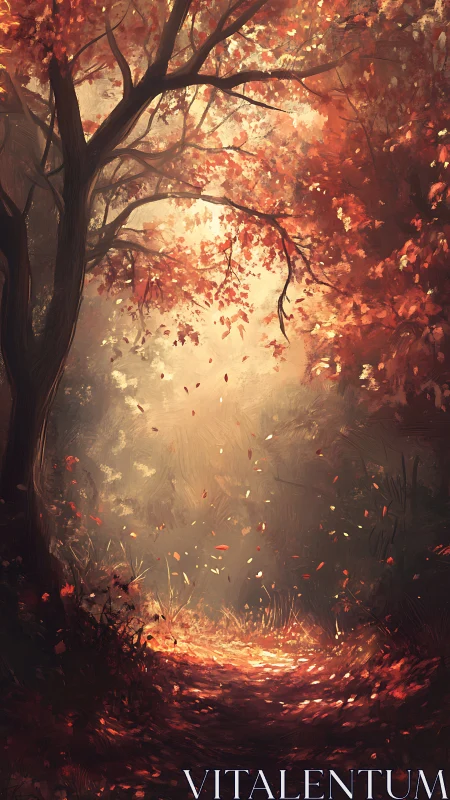 Autumn forest path with backlit foliage and atmospheric lighting conditions.