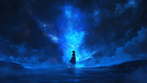 Silhouette stands before luminous blue cosmic sky portal
