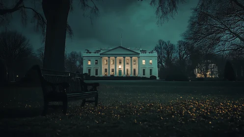 Nocturnal architectural portrait of a neoclassical residence.