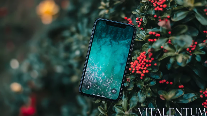 Smartphone Nestled Among Vibrant Red Berries and Evergreen Foliage
