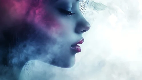 Profile portrait in neon mist with soft bokeh diffusion lighting