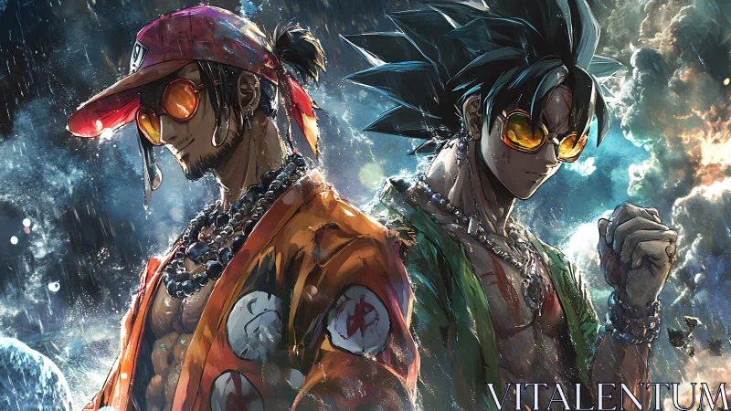 Streetwear anime warriors in storm-lit cosmic backdrop.