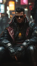 Cybernetic enforcer brooding in neon-soaked megacity streets.