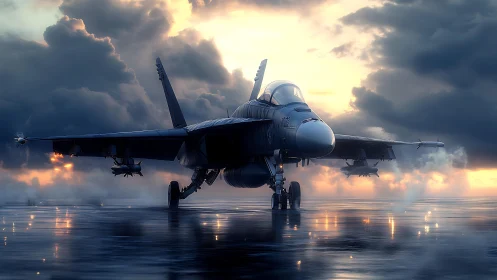 Stealth fighter jet waits on wet runway at stormy sunrise.