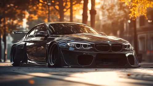 Sleek custom BMW glows softly in golden city sunset light