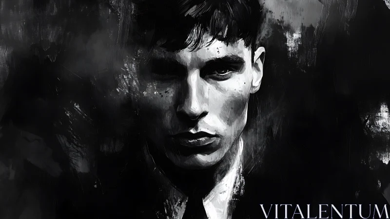 Monochrome male portrait is rendered with stark contrast