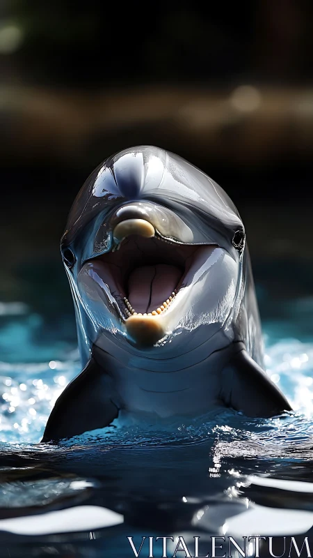 Laughing lagoon dolphin beams under liquid sapphire light.