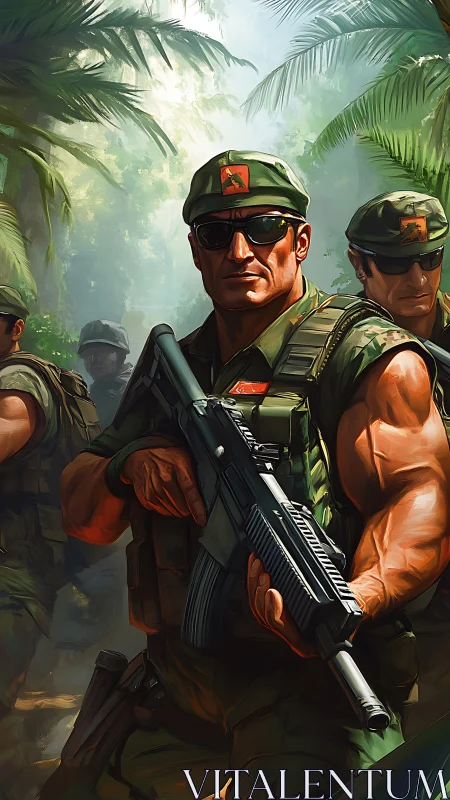 Elite jungle soldiers advance through misty tropical foliage