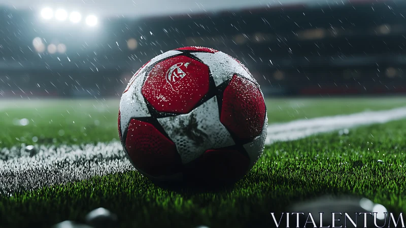 Soaked match ball waits on the slick white line for destiny