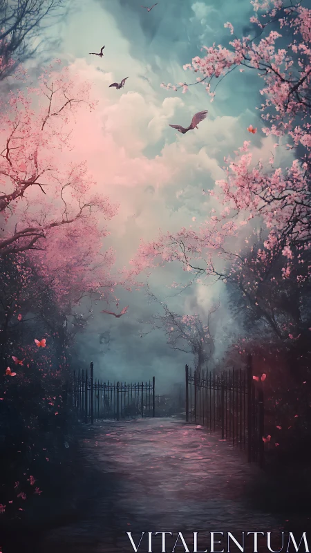 Gated path under cherry blossoms and distant flying birds.