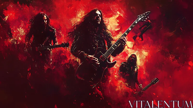 Heavy metal guitarist in fiery red abstract stage art.