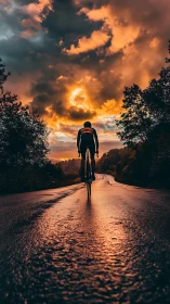 Cyclist Climbs Mountain Road Against Dramatic Sunset Sky.