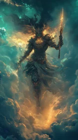 Celestial armored warrior strides through incandescent storm clouds
