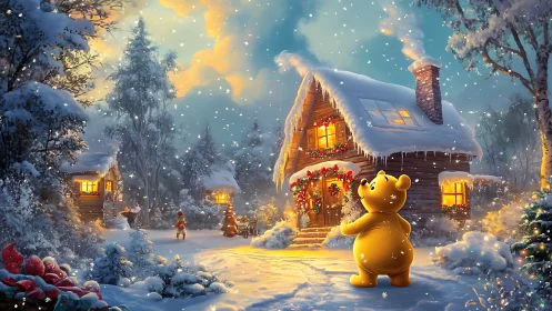 Snowy log cabin with festive lights and bear character at dusk