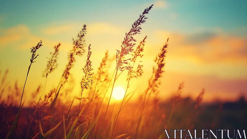 Sunlit tall grasses in foreground against warm sky at dusk.