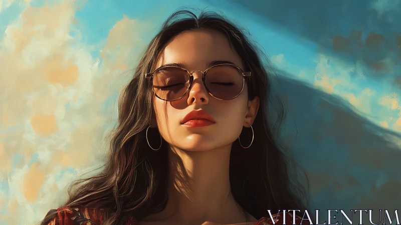 Soft-lit portrait of woman in sunglasses against painterly sky