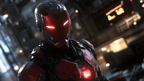 Red armored combat exosuit with illuminated HUD optics, bokeh hangar