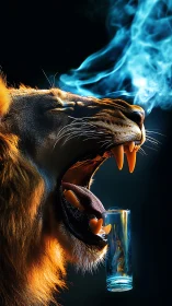 Fiery lion exhales blue smoke while balancing a glass