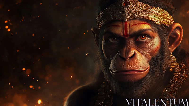 Simian deity portrait in ember-lit, high-detail digital render.