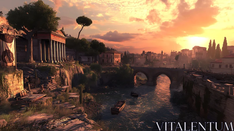 Golden river sunset over tranquil ancient stone city.