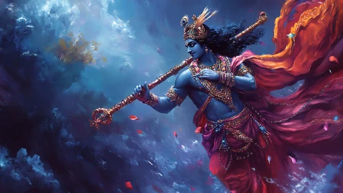 Blue-skinned figure with flute amid swirling clouds and cloth.